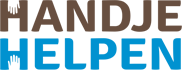 Logo met de woorden "HANDJE HELPEN"-"HANDJE" in bruin, "HELPEN" in blauw. Elke letter "H" heeft een kleine handafbeelding, die samen helpen en de geest van Handjehelpen vertegenwoordigt.