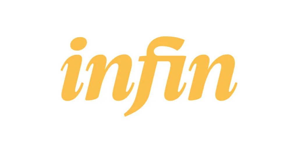 De afbeelding toont het woord "infin" in een geel, cursief lettertype op een witte achtergrond. De tweede "f" is gestileerd om te lijken op een oneindigheidssymbool, dat een gevoel van veerkracht en eindeloze veerkracht oproept.